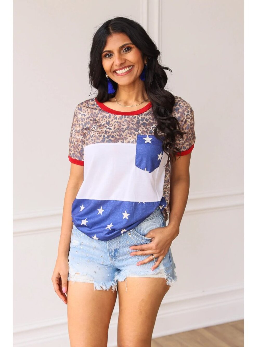 LAST ONE Party Like Its 1776 Pocket Tee Color Block Leopard, Red White and Blue